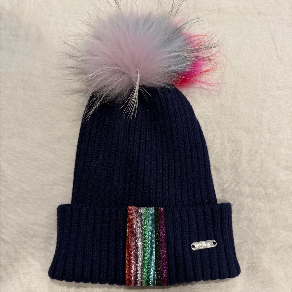 Kids' Navy Beanie with Multicolor Pom-Pom